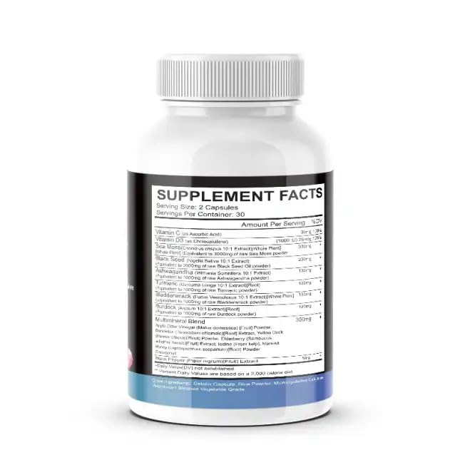 VitalBlends Sea Moss 3000mg, Black Seed Oil 2000mg, Ashwagandha 1000mg, Turmeric 1000mg, Bladderwrack 1000mg, Burdock 1000mg & Vitamin C & D3 with Elderberry Capsules, 60 Count