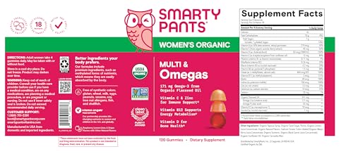 SmartyPants Organic Women's Multivitamin Gummies: Biotin, Methylfolate, Omega 3 (ALA), Vitamin D3, C, Vitamin B12, B6, A, K & Zinc, Inositol, Gluten Free, Vegetarian, 120 Count (30 Day Supply)