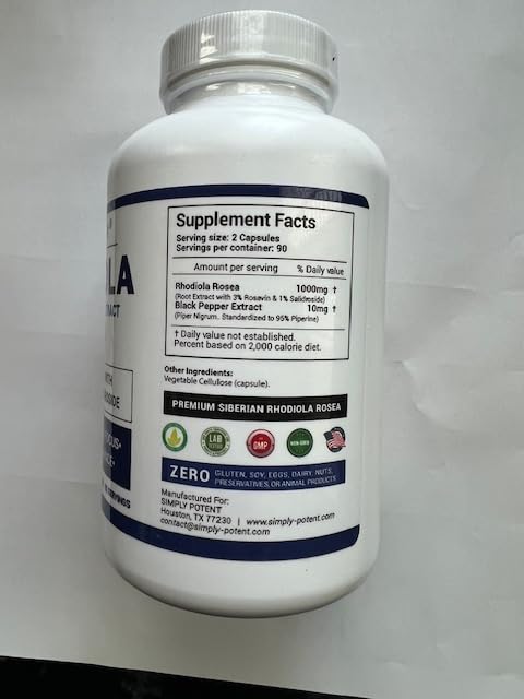 Simply Potent Siberian Rhodiola Rosea 1000mg, 180 Capsules