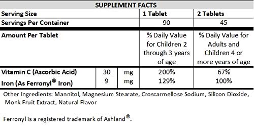 NutritiPure Kids & Toddler Chewable Iron 9mg with Vitamin C Orange Tablets, 90 Count