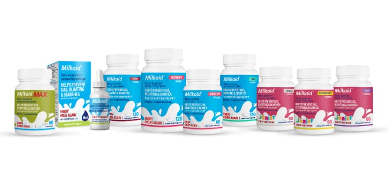 Milkaid Junior Lactase Enzyme Chewable Tablets for Lactose Intolerance, 60 Count