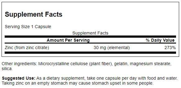 Swanson Zinc (Citrate) 30 mg Capsules, 60 Count