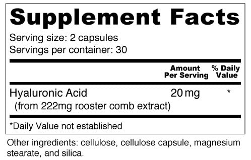 Wellness Resources Hyaluronic Acid from Rooster Comb, 100% Natural Source Low Molecular Weight, 60 Capsules