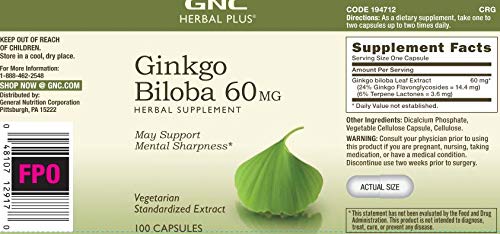 GNC Herbal Plus Ginkgo Biloba 60mg Capsule, 100 Count