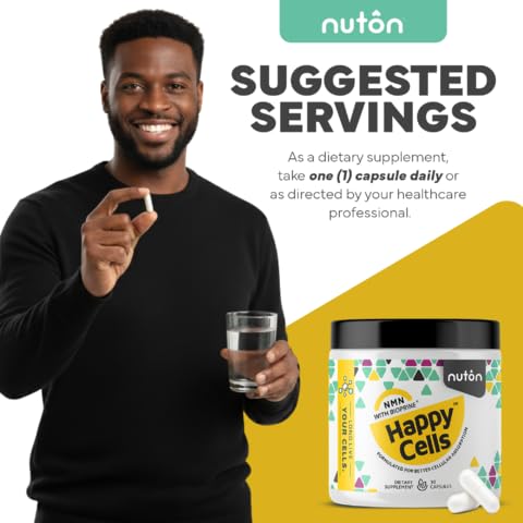 Nuton Happy Cells NMN Supplement with Bioperine for Healthy Aging & Cellular Repair - NAD+ Supplement - Protects DNA, Promotes Skin Health & Brain Function - Vegan - Non-GMO Formula, 30 Capsules