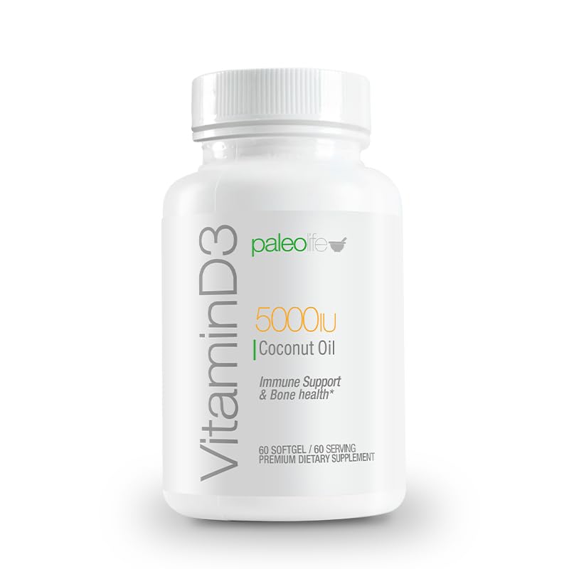 Paleolf Vitamin D3 5000 IU Premium High Potency with Coconut Oil Softgels, 120 Count