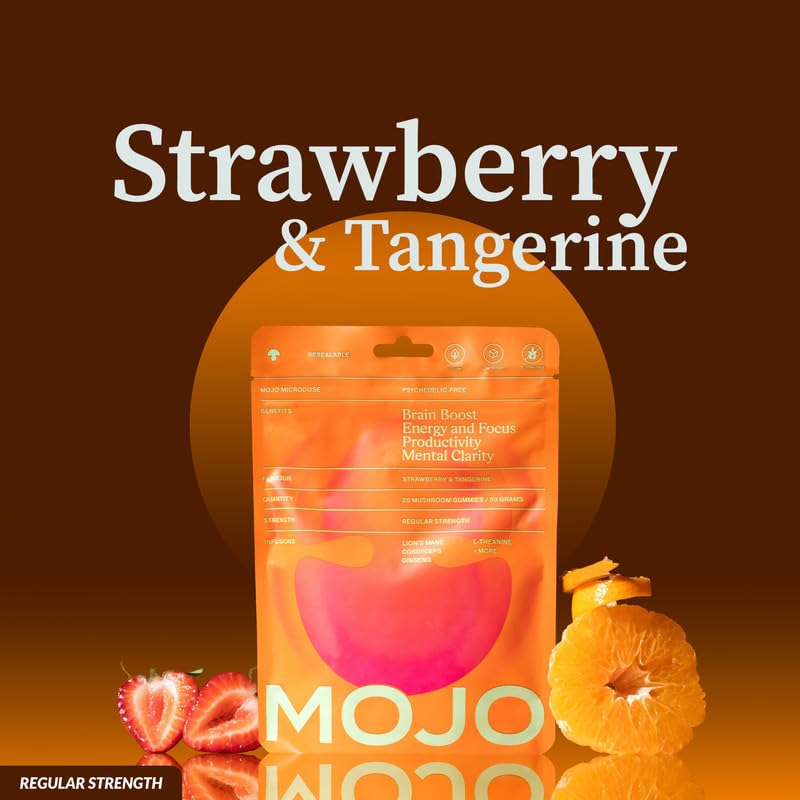 Mojo Focus Gummies with Lion’s Mane, Cordyceps, Ginseng & SAM-e Nootropic Blend for Energy & Mental Clarity, Strawberry Tangerine, 1 Pack