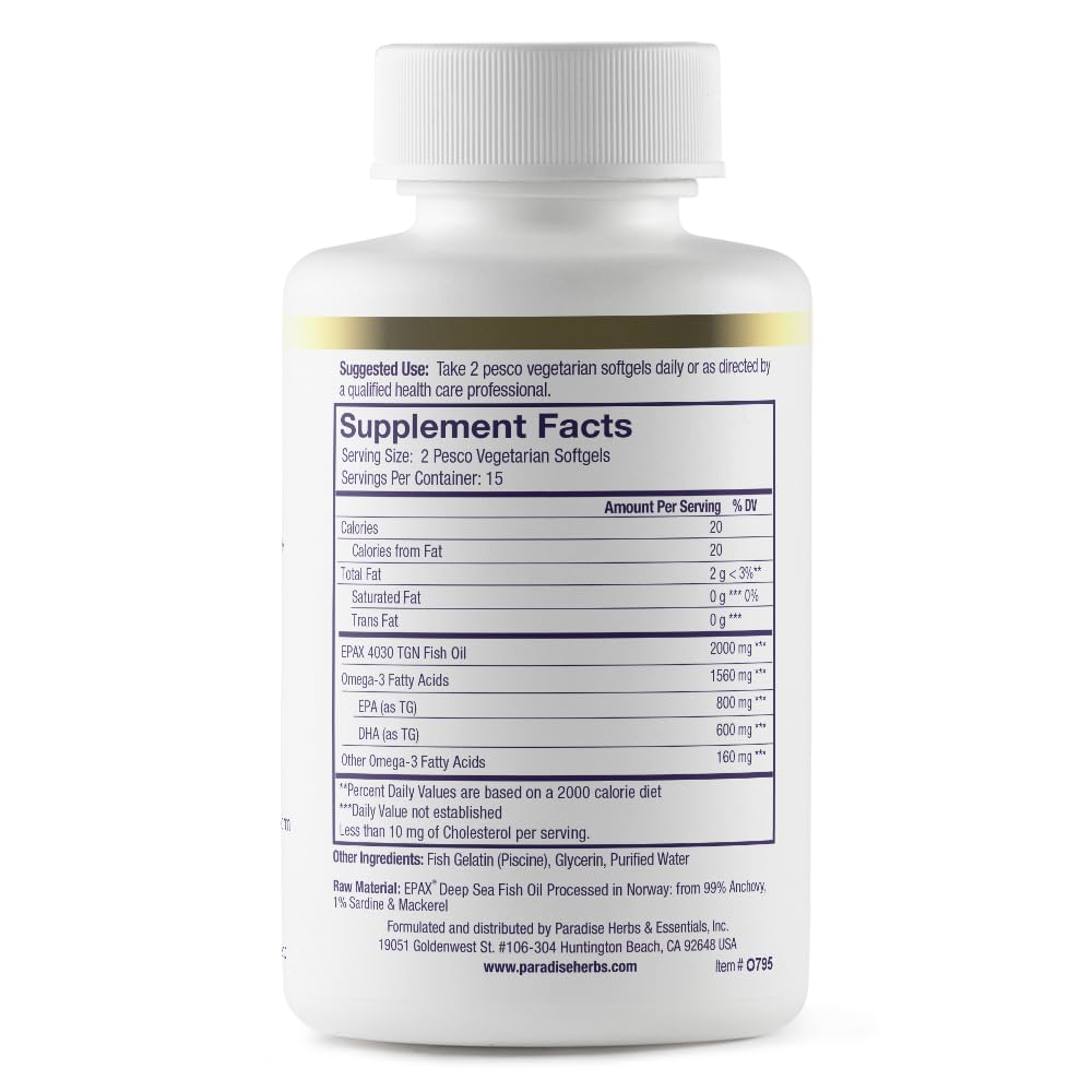 Paradise Herbs Omega-Sure Omega-3 Concentrate Premium Fish Oil DHA EPA, Vegan, Non-GMO, Gluten Free, 30 Count Vegetarian Softgels