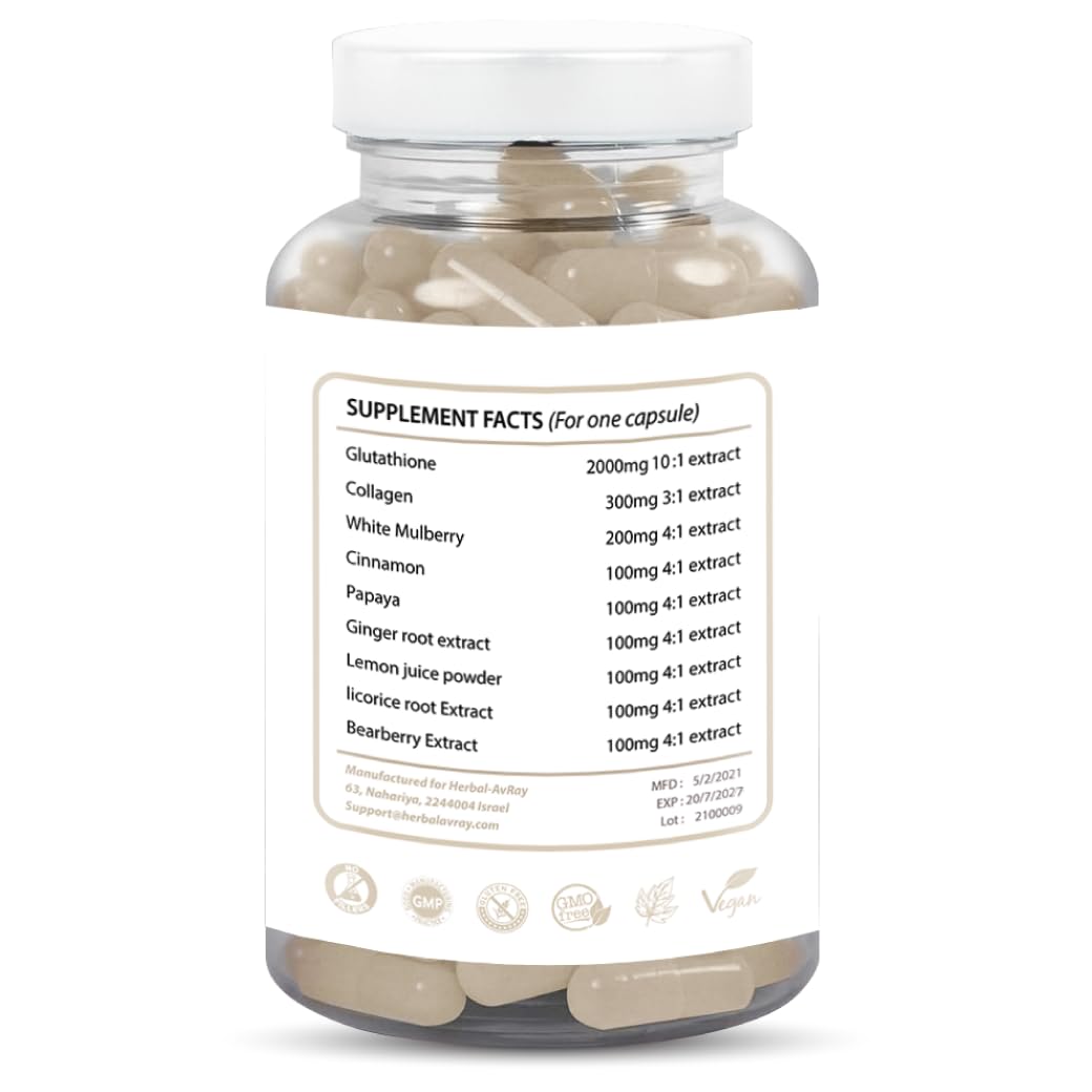 Herbal-avRay Glutathione Skin Whitening Pills with Collagen, Anti-Aging & Antioxidant Effect, 90 Capsules