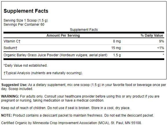 Swanson Certified Organic Barley Grass Juice Powder, 3.17 oz