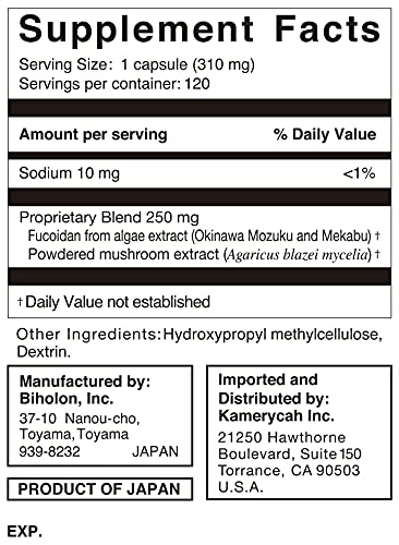 UMI NO SHIZUKU Fucoidan Pure Seaweed Extract Enhanced with Agaricus Mushroom Immune Support Health Supplement, 120 Capsules