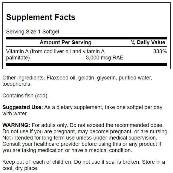 Swanson Vitamin A 10,000 IU (3,000 mcg RAE) Capsule, 250 Count