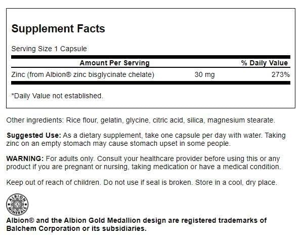 Swanson Albion Chelated Zinc Glycinate 30 mg Capsules, 90 Count
