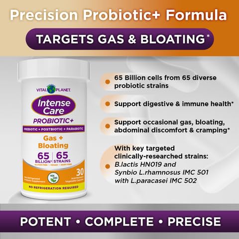 Vital Planet Intense Care Gas & Bloating Probiotics Plus Organic Prebiotics, Postbiotics, Parabiotics, Complete 4-in-1 Supplement for Adults, 65 Billion CFU, 65 Strains, Digestive and Immune, Capsule, 30 Count