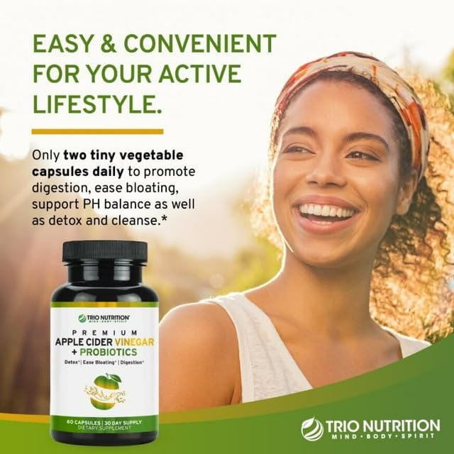 TRIO NUTRITION Apple Cider Vinegar Capsules with Multi-Strain Probiotics, 60 Count