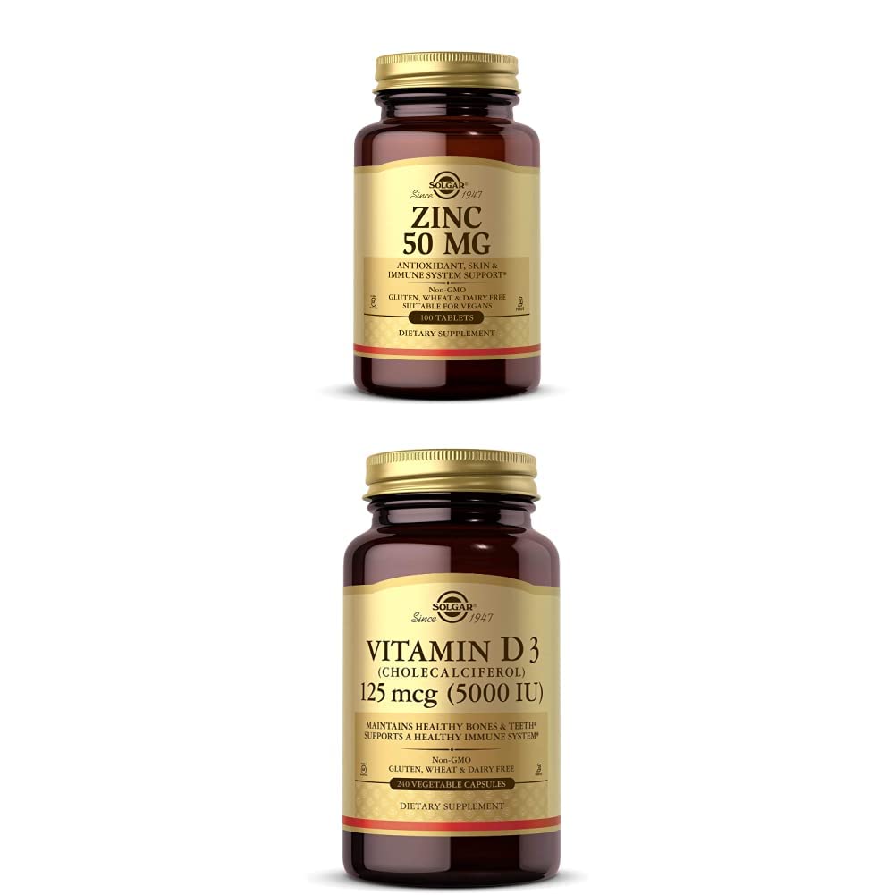 Solgar Zinc 50 mg, 100 Tablets + Solgar Vitamin D3 (Cholecalciferol) 125 mcg (5,000 IU) Vegetable Capsules, 240 Count