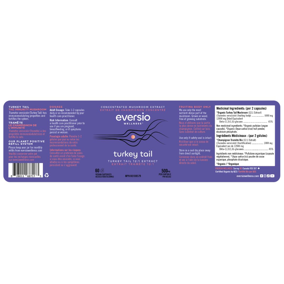 Eversio Wellness Organic Turkey Tail Capsules 12:1 Extract 45% Beta Glucans Immune Support, 60 Count