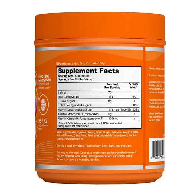 Zena Nutrition Creatine Monohydrate Gummies with D3 & K2 for Men and Women, Supports Bone, Muscle, & Cognitive Health, Watermelon Flavor, 225 Gummies
