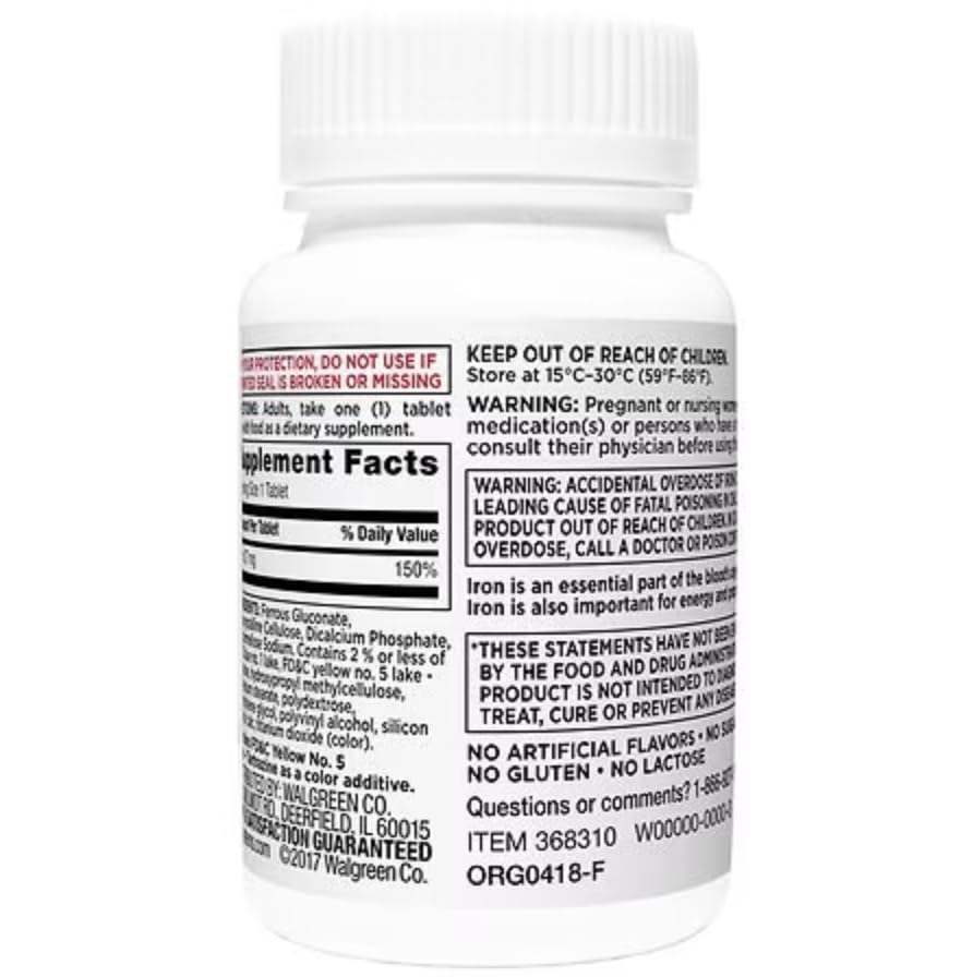 Walgreens High Potency Iron Ferrous Gluconate 27 mg Tablets, 100 Count