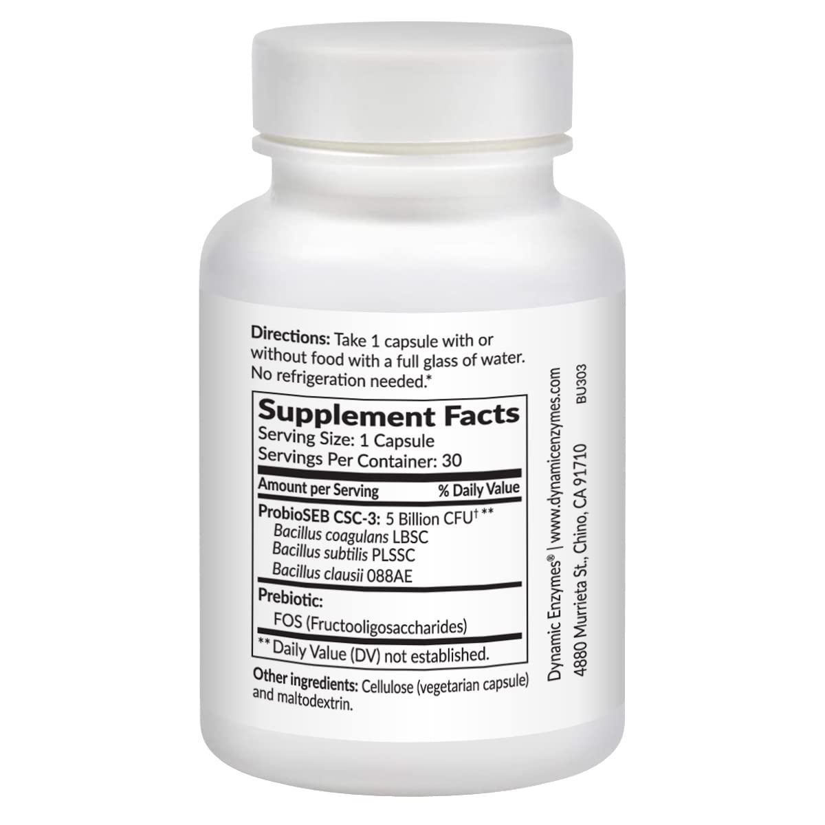 Dynamic Enzymes Biome Ultra Spore Probiotic + Prebiotic FOS (ProbioSEB CSC3) – 5 Billion CFU Per Capsule – Bacillus Coagulans, Subtilis & Clausii – Shelf-Stable Daily Probiotic for Gut & Microbiome Support, 30 Capsules