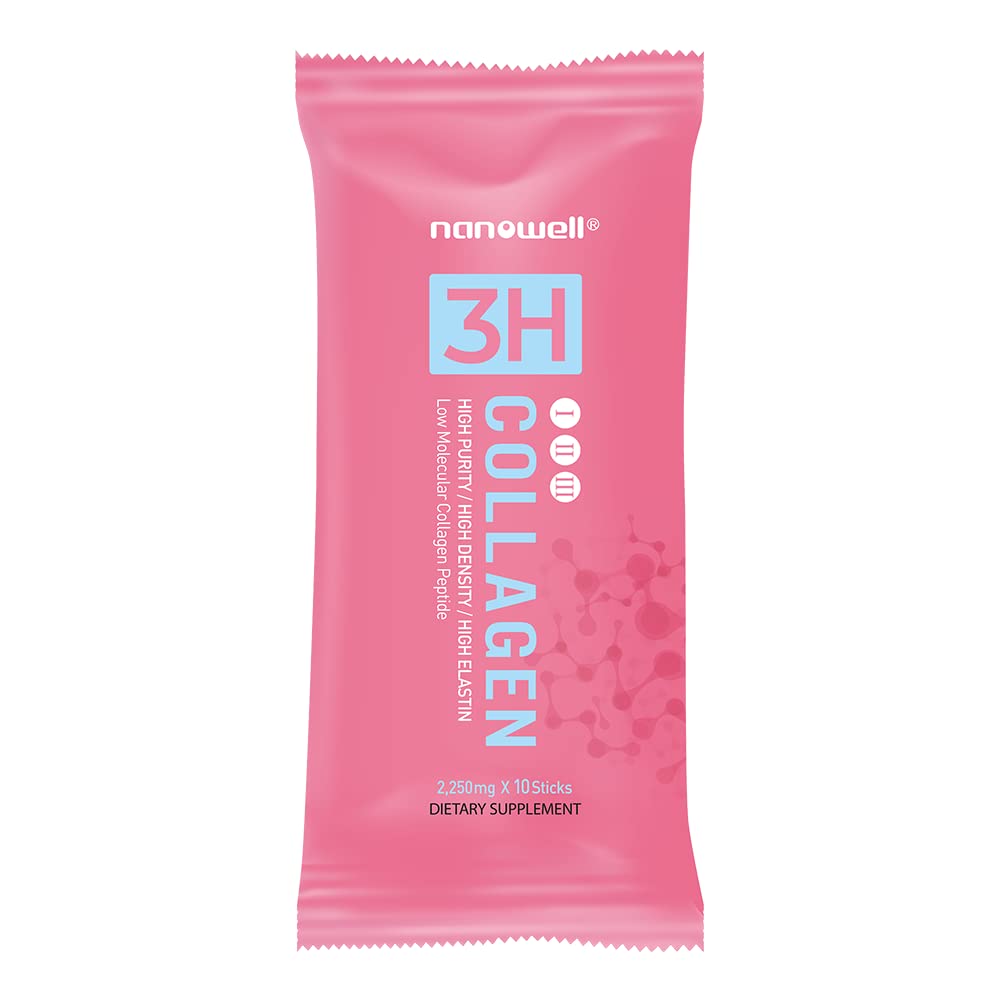 NANOWELL 3H Collagen Peptide Powder - Types I, II, & III with Vitamin C, Hydrolyzed Elastin Peptide & Hyaluronic Acid - Supports Hair, Skin, Nails, Joints & Bones, 60 Sticks