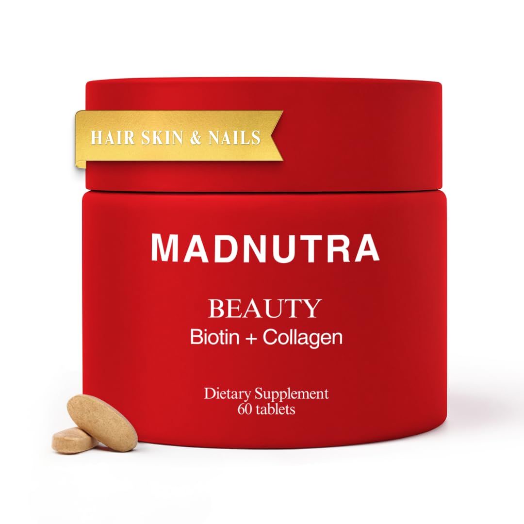 MadNutra Hair Skin Nails Vitamins - Biotin + Collagen Supplement, Vitamin C&E Complex for Healthy Hair Growth, Strong Nails & Glowing Skin - Premium Beauty Support Supplement for Women & Men, 60 Capsules