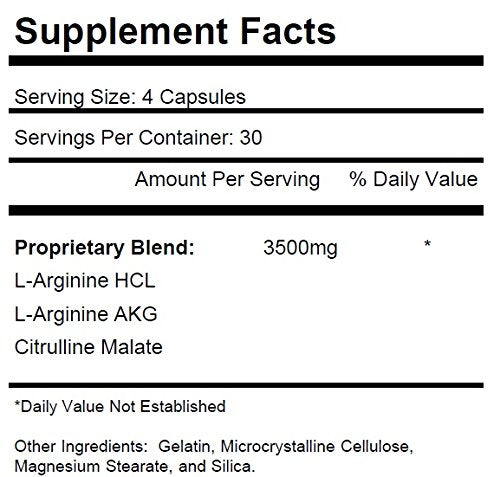 KRK SUPPLEMENTS Nitric Oxide Complex 3500mg Per Serving L-Arginine HCL AAKG AKG Alpha Ketoglutarate Citrulline Malate Capsules 360