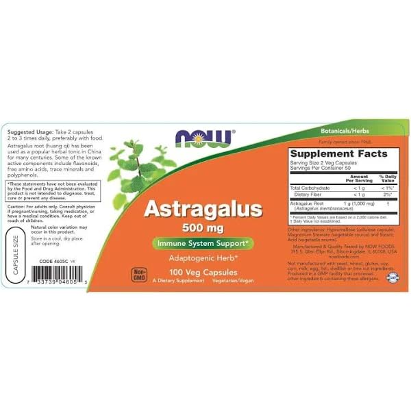 NOW Foods Astragalus 500 mg Capsule, 100 Capsules