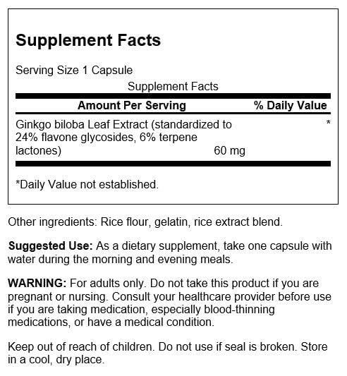 Swanson Ginkgo Biloba Extract 24% 60 mg Vegan Capsules, 120 Capsules
