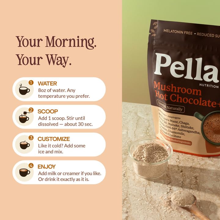 Pella Nutrition Instant Mushroom Hot Chocolate for Sleep - Cocoa Powder, 10.6 Ounce