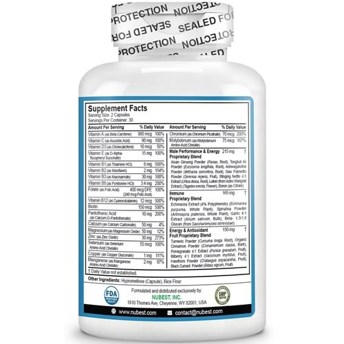 NuBest Multivitamin for Men with 38 Nutrients, B Complex, D3, A, C, Zinc, Magnesium, Calcium, Asian Ginseng, Ashwagandha, Turmeric for Bones, Muscle & Immunity Capsules, 60 Count