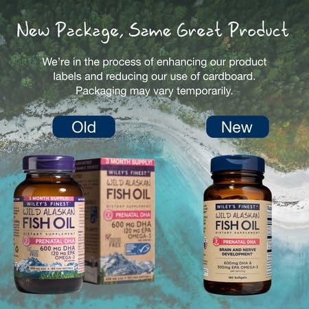 Wiley's Finest Wild Alaskan Fish Oil Prenatal DHA - 900mg EPA and DHA Omega-3s for Pregnant Women and Nursing Mothers Softgels - 180 Count