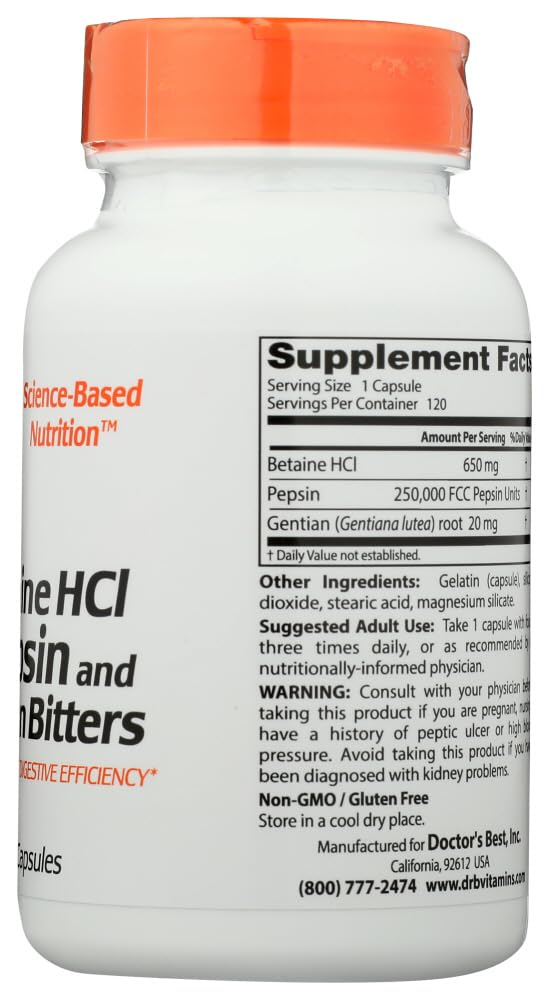 Doctor's BEST Betaine HCl Pepsin and Gentian Bitters Capsules 120
