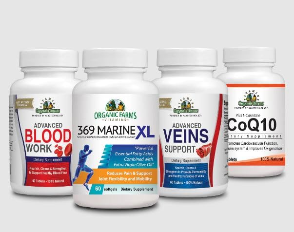 Organic Farms Vitamins Circulation Kit Blood + Co-Q10 + 369 Marine XL + Veins Tablets 240