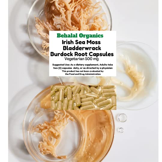 Behalal Organics Irish Sea Moss Bladderwrack Burdock Root Capsules, 100 Count