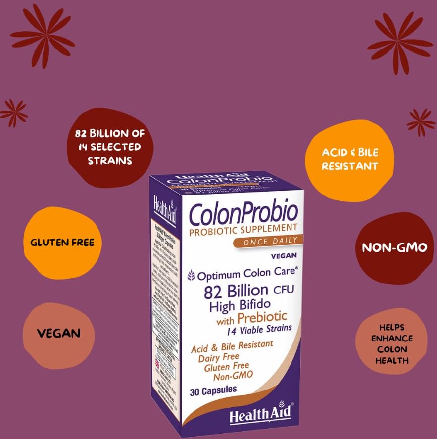 HealthAid ColonProbio 82 Billion CFU Probiotic with Prebiotic, High Bifido Formula, 14 Strains, 30 Capsules