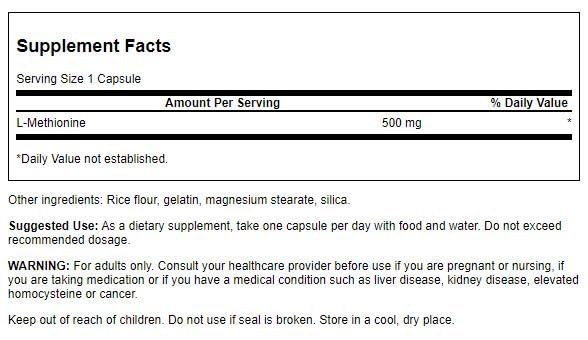 Swanson L-Methionine 500 mg Capsules, 30 Count