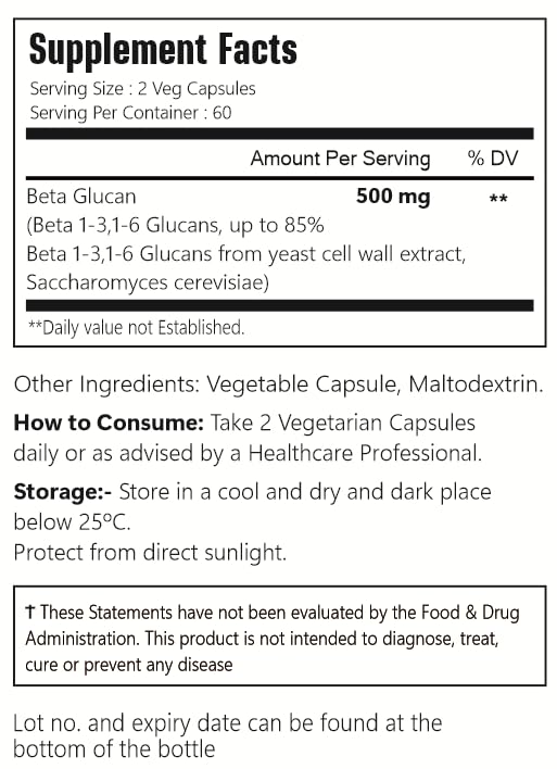 VitaCosmoX Beta Glucan Supplement 500 mg Capsule, 120 Veggie Capsules, Non-GMO, Gluten-Free