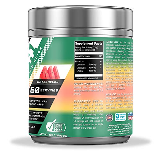 Amazing Muscle BCAA 2:1:1 Branched Chain Amino Acids Supplement Powder 16 oz