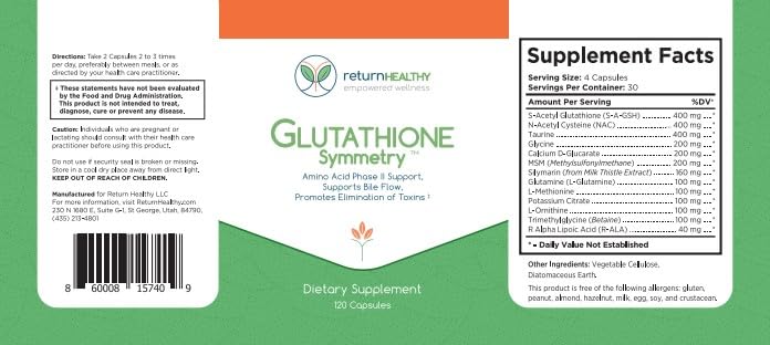 Return Healthy Glutathione Symmetry S-Acetyl Glutathione Supplement Capsule 120 Count