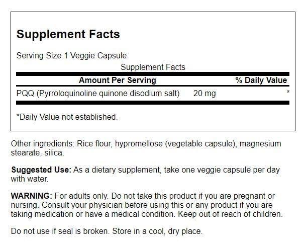 Swanson Pqq Pyrroloquinoline Quinone 20 Milligrams Vegan Capsules, 30 Count