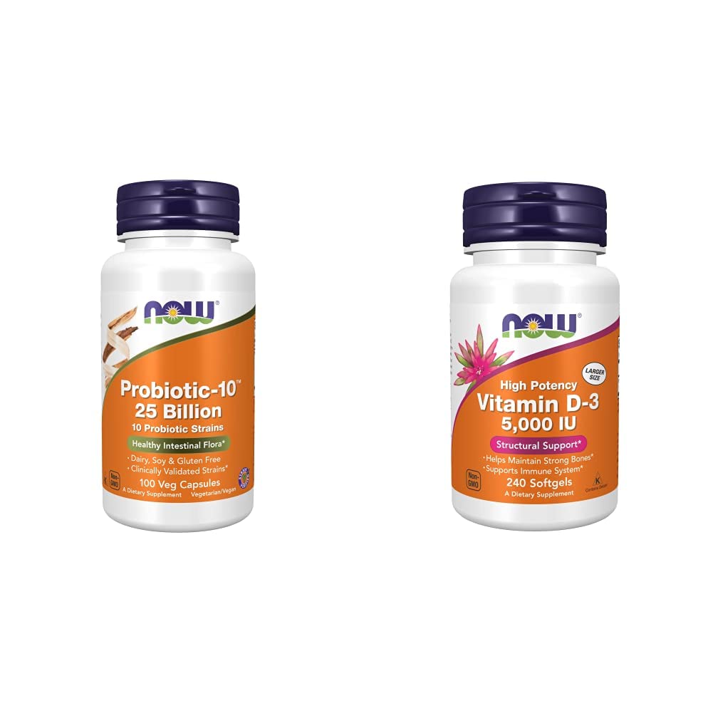 NOW Foods Probiotic-10 Capsule & Vitamin D-3 5,000 IU Softgels Bundle, 490 Count