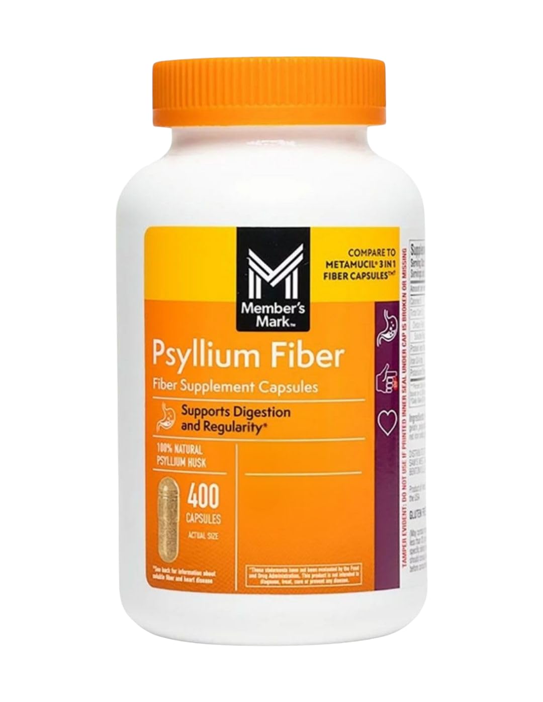 Member's Mark 100% Natural Psyllium Husk Fiber Capsules, Digestive Health, 400 Count