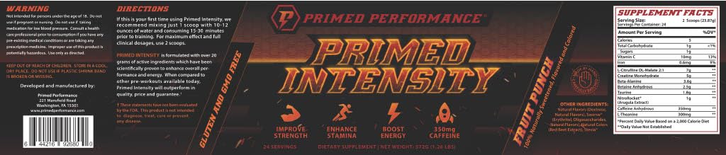 Primed Performance Primed Intensity Pre-Workout Supplement Powder, 57 Servings