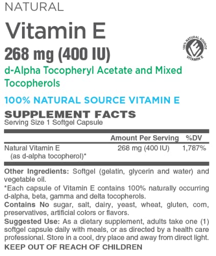 AlchePharma Vitamin E 268 mg (400 IU) 100% Natural Mixed Tocopherols D-Alpha Form Softgel, 1
