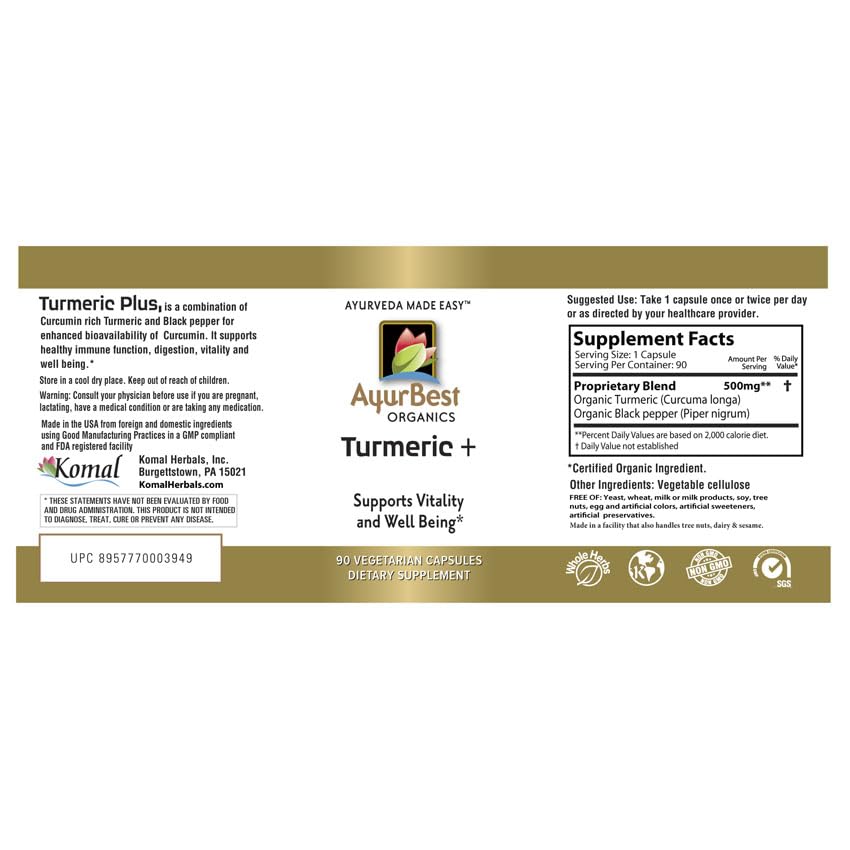 AyurBest Komal Herbals Organic Turmeric Plus with Black Pepper Capsules, 90 Count