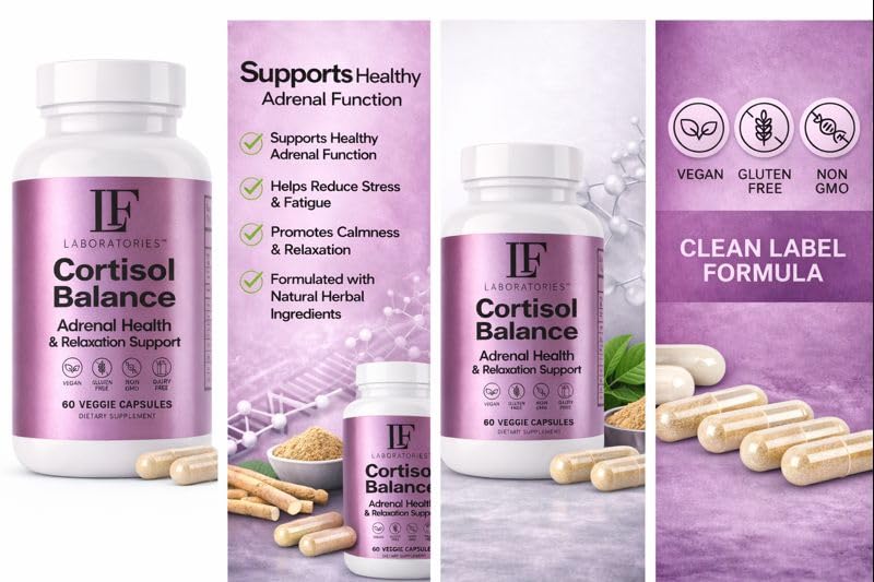 LF Laboratories Stress & Cortisol Support Supplement for Calm, Mood & Sleep with Ashwagandha, L-Theanine & Phosphatidylserine Adrenal Balance Formula – Vegan, Non-GMO, 60 Capsules