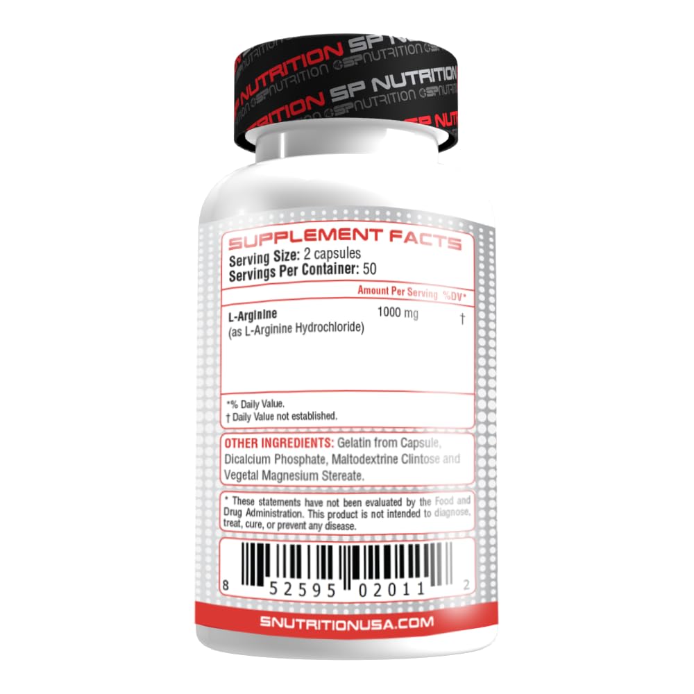 S Nutrition L-Arginine 1000mg Supplement Capsules, 100 Count
