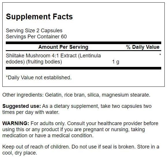 Swanson Shiitake Mushroom Extract (4:1) 500 mg Capsules, 120 Count