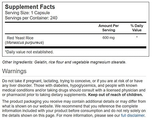 Vitacost Brand Red Yeast Rice 600 mg Capsules, 240 Count